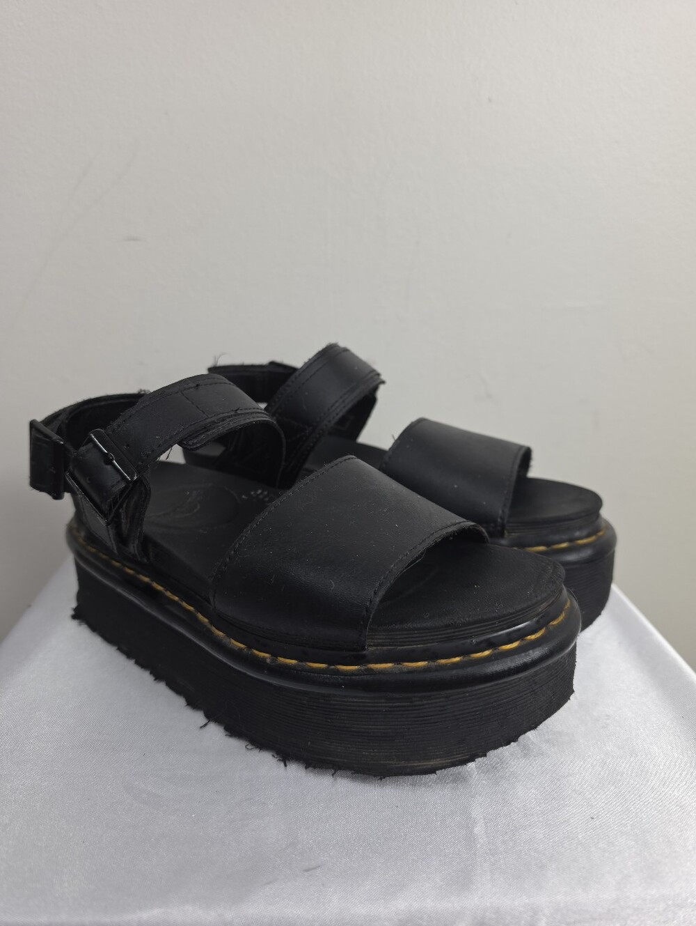 Dr. Martens Black Platform Sandals with Yellow Stitching Accent